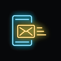 Poster - neon sign showing an email sending from a smartphone, representing the concept of mobile communicati