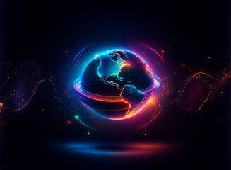 Poster - A glowing globe with neon outlines and vibrant colors is suspended in a dark space.  Abstract energy streams circle the planet, creating a futuristic and dynamic scene.