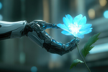 Poster - A robotic hand gently holds a glowing blue flower, symbolizing AI's delicate interaction with nature.