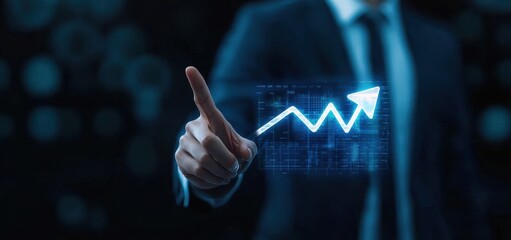 Poster - Businessman touching growth arrow graph with rising line chart and hologram