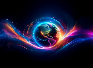 Poster - Glowing globe with vibrant swirls of blue, orange, and pink energy against a dark backdrop.  Abstract and dynamic representation of global connectivity.