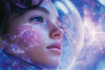 Poster - A young astronaut's face, illuminated by cosmic nebulae, gazes dreamily into the vast expanse of space.