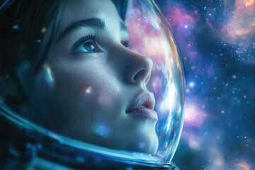 Poster - A young female astronaut gazes into the vast expanse of space, awestruck by the cosmic beauty.