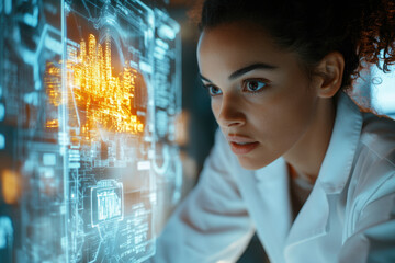 Poster - A woman scientist intensely studies a futuristic holographic display showing a city's digital model.