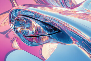 Leinwandbilder - Reflective chrome car headlight with city reflection, futuristic design.