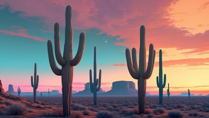 Wall Mural - desert landscape with towering cacti and a vibrant sunset over distant mountains just before nightfa