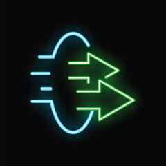 Poster - Neon sign representing data transfer with two green arrows going through a blue circle on a black background