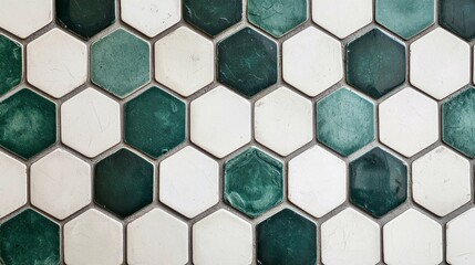 Poster - The wall showcases an intricate pattern of hexagonal tiles, blending deep greens and soft whites, creating a stunning visual experience. The surface reflects a sense of craftsmanship and design