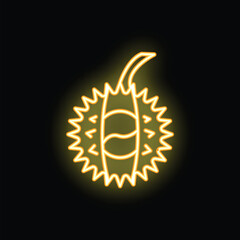 Poster - Bright yellow neon sign depicting a durian fruit, glowing on a black background
