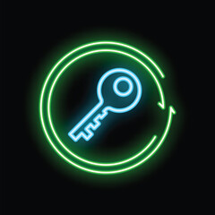 Poster - Blue neon key rotating inside a green circle symbolizing recurring access