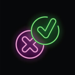 Poster - Green tick and pink cross neon signs glowing on black background, concept of right and wrong, correct and incorrect