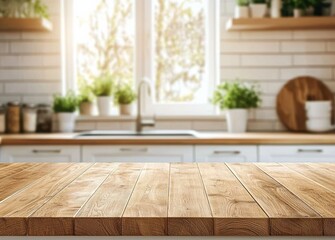 Poster - Empty wooden table top on blurred kitchen background for product display