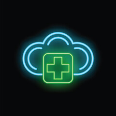 Poster - Glowing neon icon of a cloud with a cross, representing cloud computing for healthcare