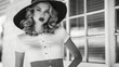 © steve - A beautiful female fashion model. Summer retro fashion style posing. Black and white fashion photography. Fashion magazine Style.