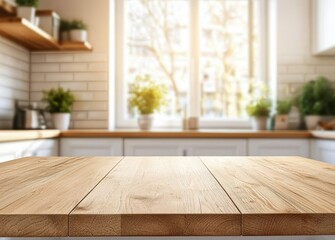 Poster - Empty wooden table top on blurred kitchen background with window light