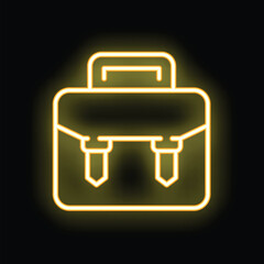 Poster - Bright yellow neon icon of a business briefcase is glowing on a black background