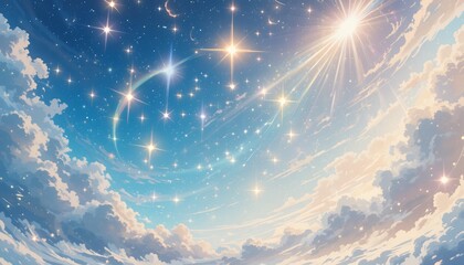 a dreamy view of a starlit sky with glowing clouds and a bright sun