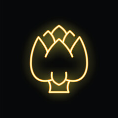 Poster - Bright yellow neon sign depicting an artichoke, glowing on a black background