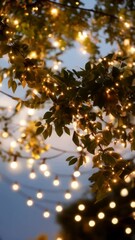 Poster - Vertical video of Twinkling fairy lights and greenery create serene outdoor ambiance for enchanting evening in nature.
