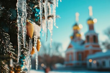 Wall Mural - Icicles on a Christmas tree with decorations against the background of an Orthodox church and blue sky. The focus is blurred, creating space for text or copy, close-up shooting,