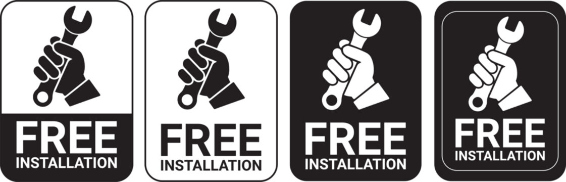 Free installation with hand and spanner icon set. Install, upgrade, fix, repair service icons. Free installation logo, label, badge, symbol, emblem, stamp, black, line, vector isolated illustration.