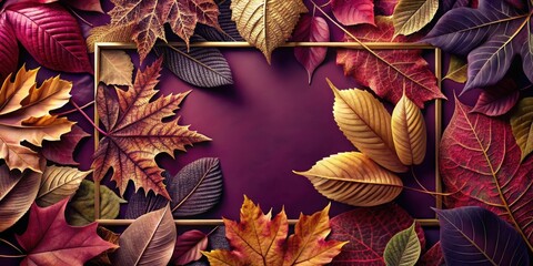 Wall Mural - Autumnal Leaves Encircling a Golden Frame on a Deep Purple Background