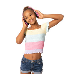 Cheerful young african american woman girl posing isolated on transparent background studio portrait. People lifestyle concept. Listen music with headphones, dancing. PNG transparent.