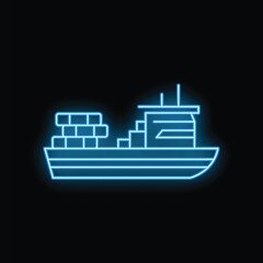Poster - Glowing neon icon of a cargo ship carrying freight containers, representing international trade and logistics