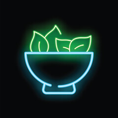 Poster - Neon sign depicting a bowl overflowing with fresh green leaves, perfect for healthy food businesses