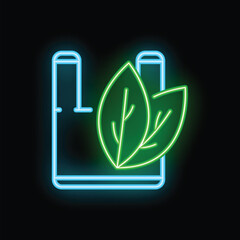 Poster - Glowing neon icon representing the concept of biodegradable packaging with a shopping bag and leaves