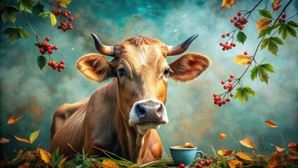 Sticker - A Gentle Cow Gazes Serenely Amidst Autumn's Hues, a Warm Beverage Nearby