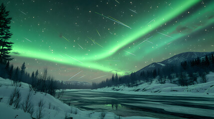 Wall Mural - A green shimmering northern lights. There are fireworks going off in the foreground.