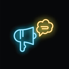 Poster - Blue neon megaphone broadcasting information with yellow speech bubble on dark background