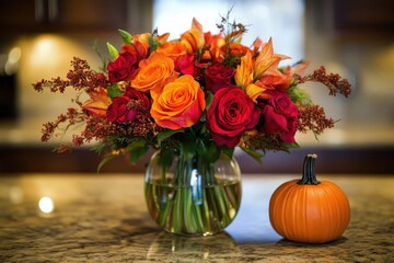 Wall Mural - A vibrant bouquet of red, orange, and yellow flowers in a glass vase with a small pumpkin.