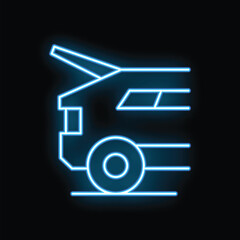 Poster - Blue neon sign of a car driving fast with its trunk open on a black background