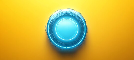 Fototapete - Blue technology circular button on yellow background. Generative AI technology.	
