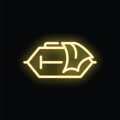 Poster - Glowing neon yellow inflatable rubber dinghy boat with oars icon on a black background