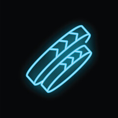Poster - Blue glowing neon icon representing two winter car tires with studs, isolated on black background