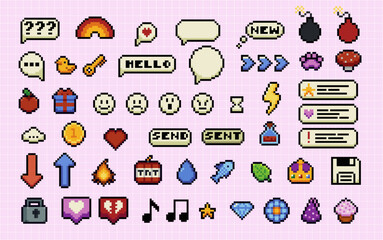 Fototapete - Set of pixel art speech bubbles and icons. Wow. Surprise. Bang. Bomb. Retro game style dialogue box and elements vector collection. Pixels Y2k trendy playful stickers. 8bit. Mood of 90's aesthetics