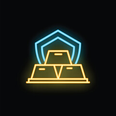 Poster - Glowing neon icon representing the concept of secure investment with gold bars protected by a shield