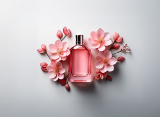 Poster - Elegant perfume bottle surrounded by delicate pink flowers, creating a soft, feminine, and floral fragrance impression. Beauty and aroma in simple composition.