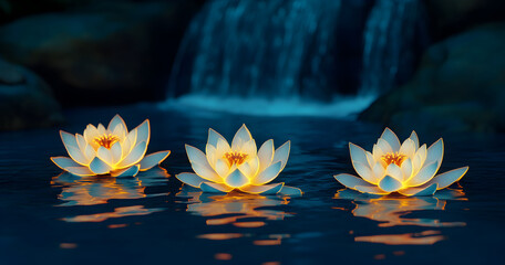 Wall Mural - Three water flowers on the lake with a waterfall on the background ,made of digital glowing dots, in neon blue and purple colors, dark background.