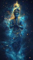 Wall Mural - Lord Krishna with a luminous blue complexion, symbolizing the infinite sky and deep ocean.