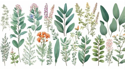 Poster - Diverse collection of botanical illustrations showcasing various herbs and leaves in vibrant colors