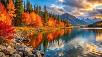 Wall Mural - Autumnal Serenity A Picturesque Lake Reflecting Vivid Fall Foliage and Majestic Mountains at Sunset