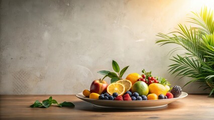 Wall Mural - A Vibrant Collection of Fresh Fruit in a Stylish Bowl, Adorned with Lush Greenery, on a Rustic Wooden Tabletop Against a Textured Background