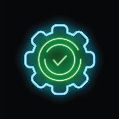 Poster - Glowing neon icon of a green check mark inside a blue gear representing approval, quality control, or a successful process