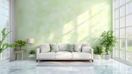 Wall Mural - The luxury living room is a bright and spacious space. It comes with a stylish set of furniture. The walls are covered with light green micro-cement.