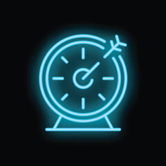 Poster - Blue neon sign representing effective time management with a clock and an arrow
