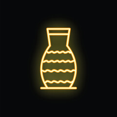 Wall Mural - Bright yellow neon sign of clay vase with wavy ornament on black background